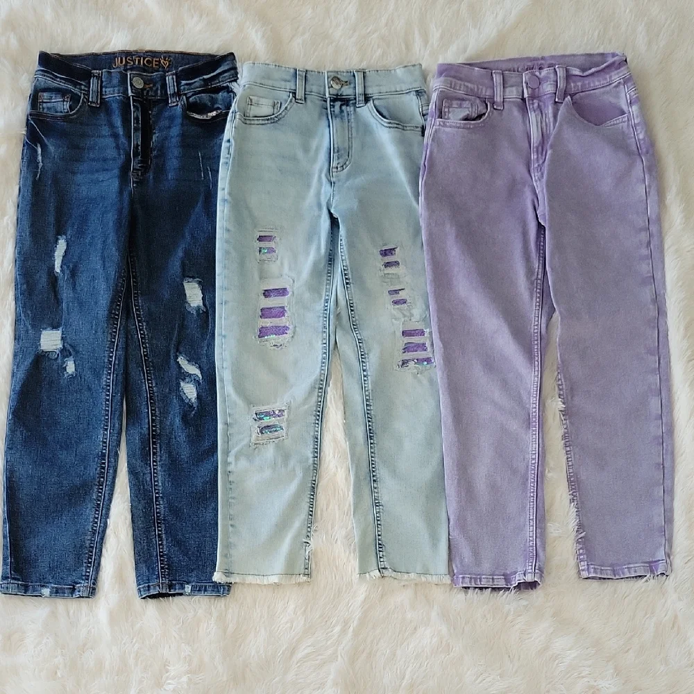 Justice Jeans Bundle 3 Pairs Size 12 Slim Mini Mom Dark, Flippy Sequins, Purple